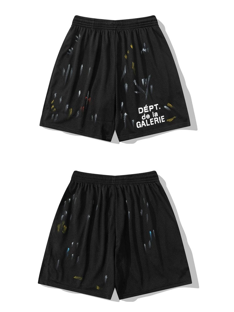 Gallery Dept. Black Paint-Splatter Mesh Shorts